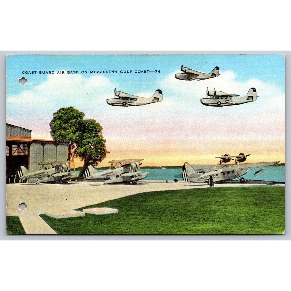 Vintage Linen Postcard Coast Guard Air base Mississippi Gulf Coast MS Seaplanes